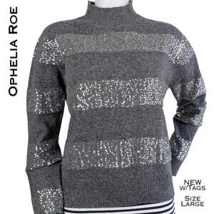 Ophelia Roe Sequin Sweater Large Grey Stripe Mock Neck Dressy Holiday Glam NEW